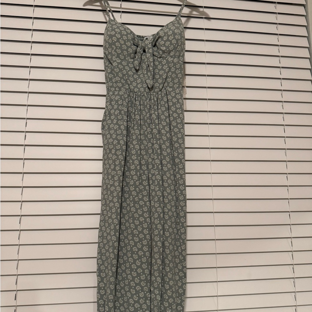 Green Ruched Tie Front Sundress with Spaghetti Straps